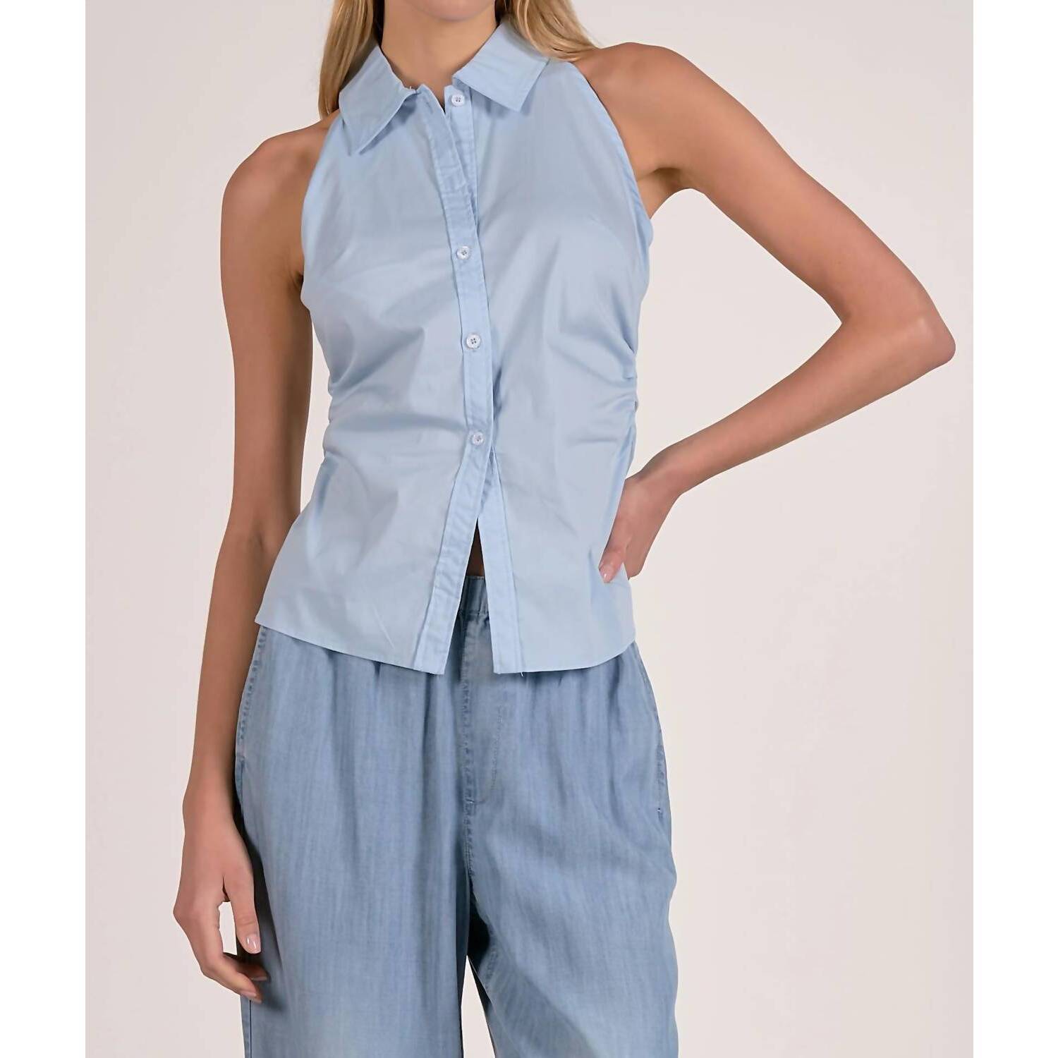 New Elan Halter Neck Sleeveless Collared Button Down Top In Blue